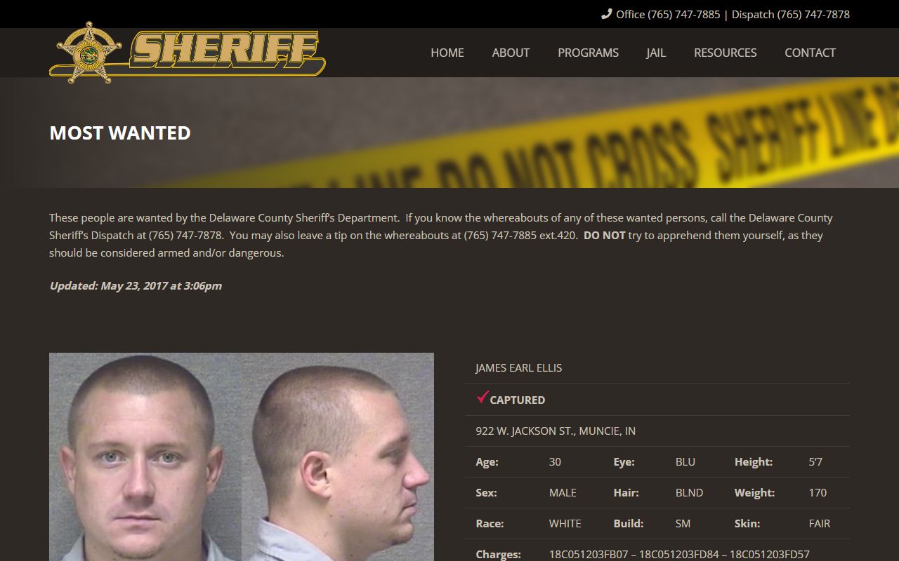 Delaware County sheriff Most Wanted page, not a jail mugshot roster